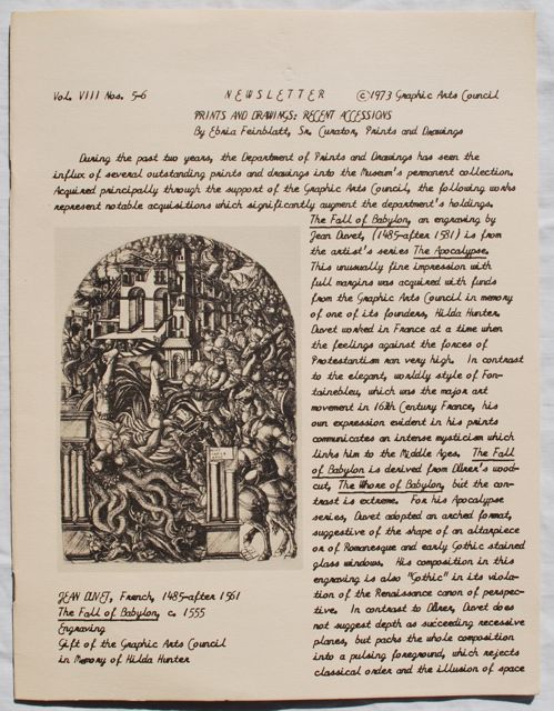 Image for "Prints and Drawings: Recent Accessions." In: Graphic Arts Council, Newsletter, Vol. VIII, Nos. 5-6, 1973.