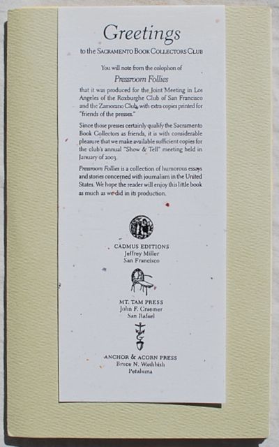 Image for Pressroom Follies: Franklin, Poe, Bierce Twain and Rexroth on American Journalism.
