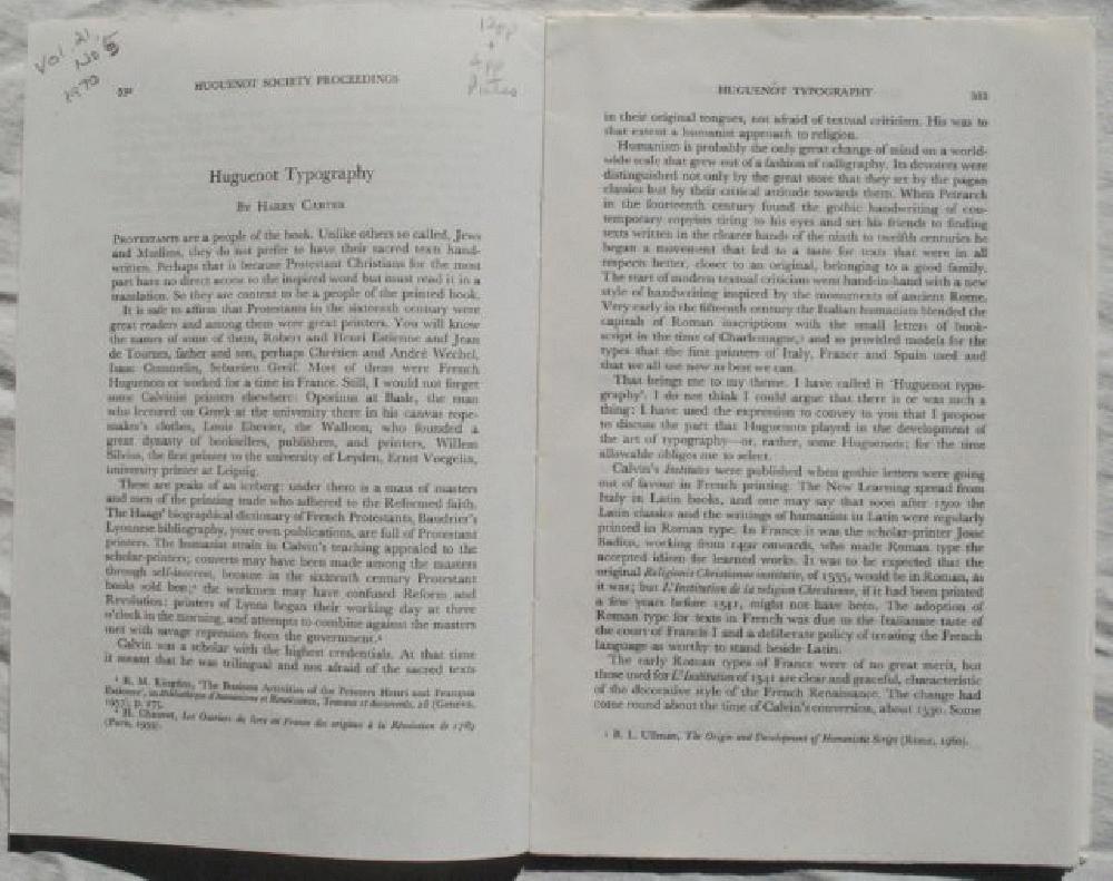 Image for "Huguenot Typography." Extract from: Huguenot Society Proceedings, Vol. 21, No. 5, 1970.